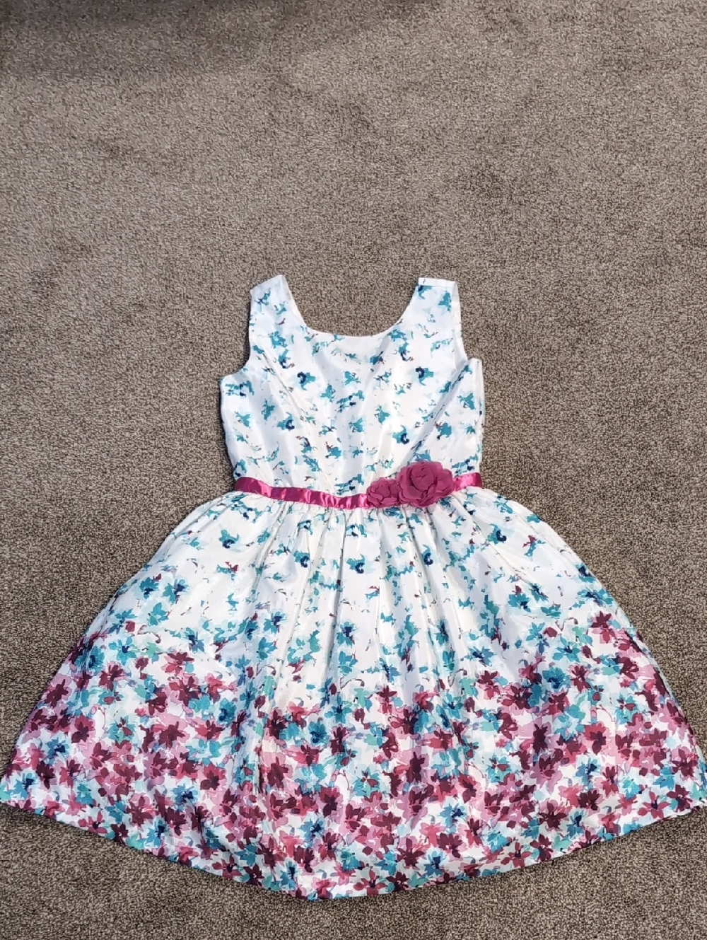 Gymboree White Floral Fit-and-Flare Dress with Pink Belt and Teal Accents